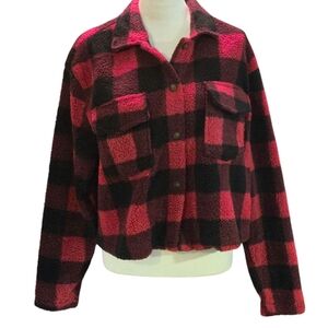 Love, Fire Cropped Fleece Jacket Black Red Buffalo Plaid Button Up Women size 1X